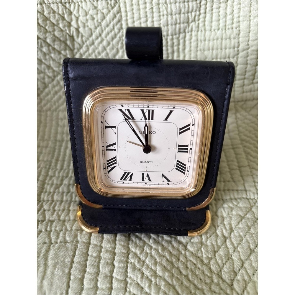 Vtg SEIKO Japan Folding Leather Travel Pocket Watch Clock Working Michelob Light